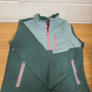 Two-Tone Green Fleece Pullover with Pink Zippers